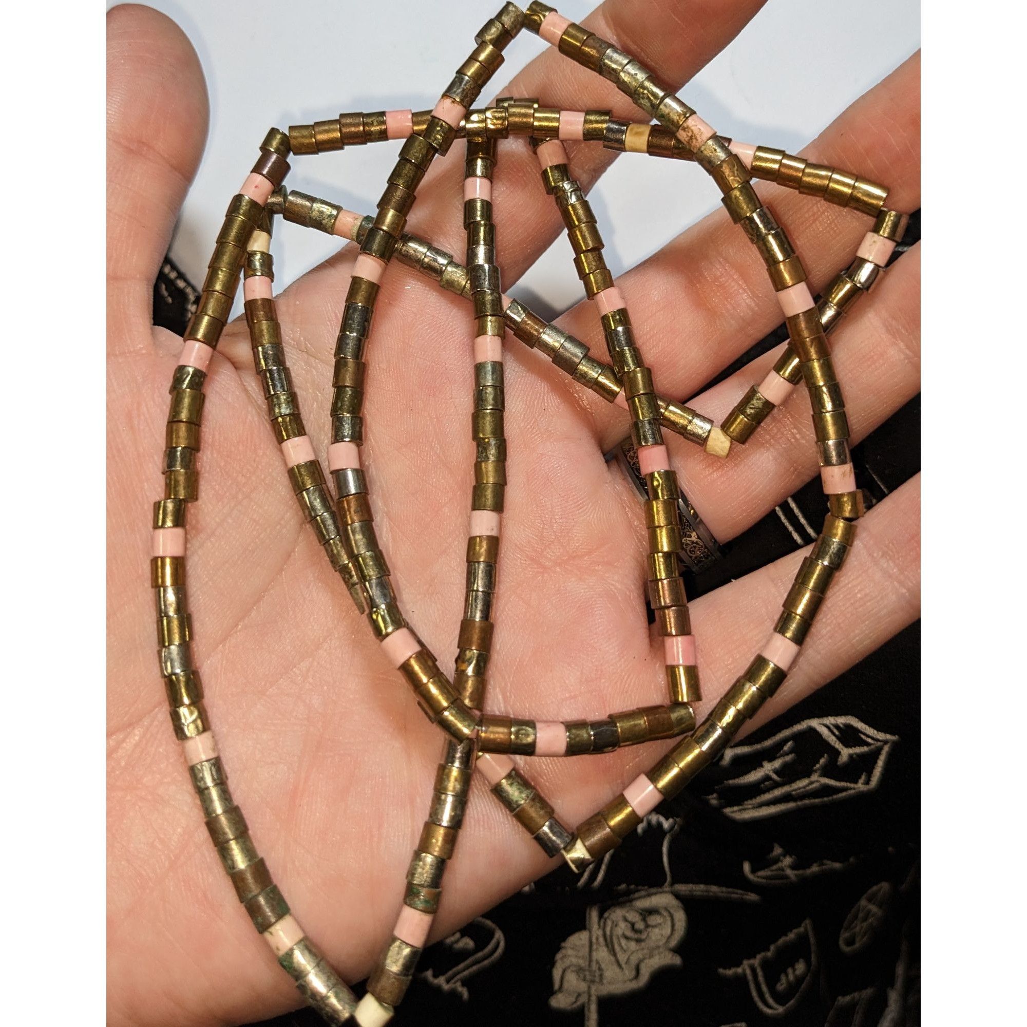 Other Vintage 34-Inch Brass & Pink Beaded Necklace With Cylindrica Size ONE SIZE - 2 Thumbnail