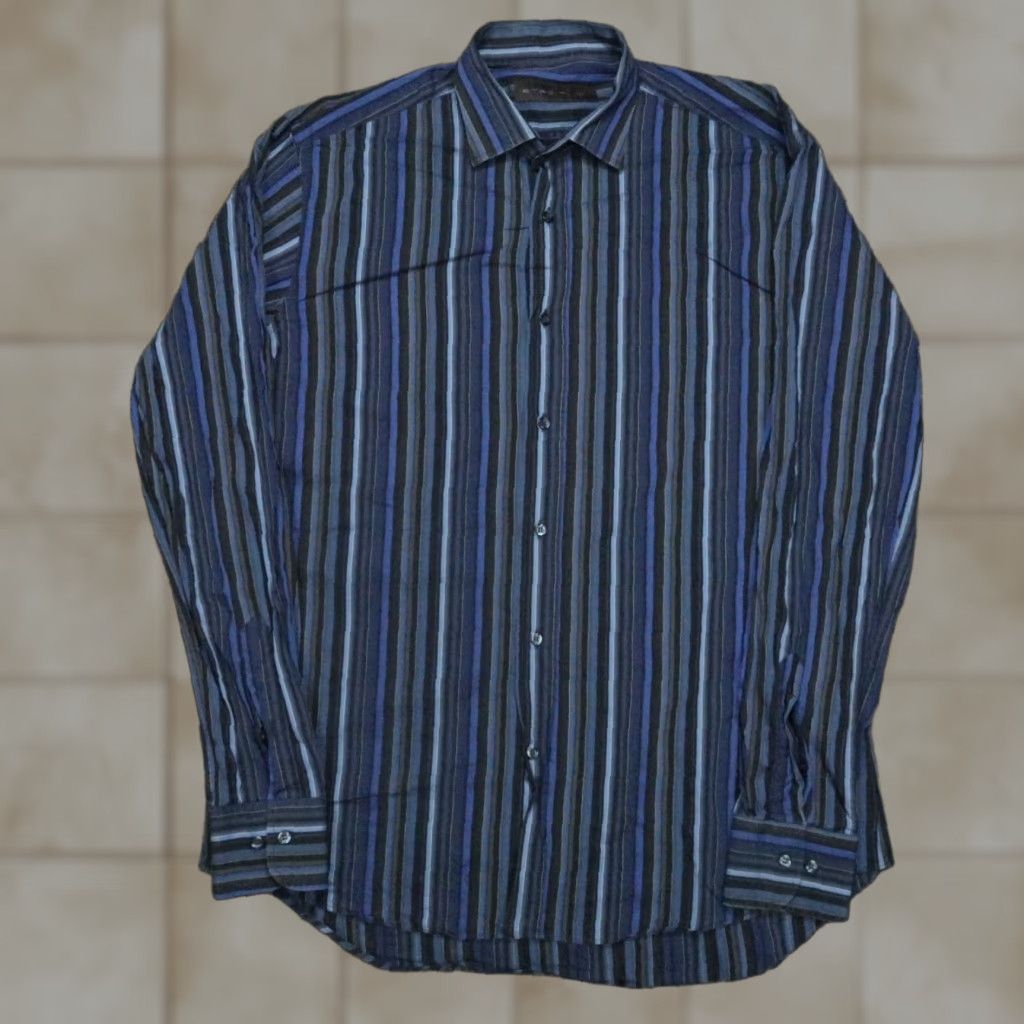 Etro ETRO Blue Black Striped Button-Up Shirt Mens Large Long Sleeve Slim Fit Italy Size US L / EU 52-54 / 3 - 1 Thumbnail