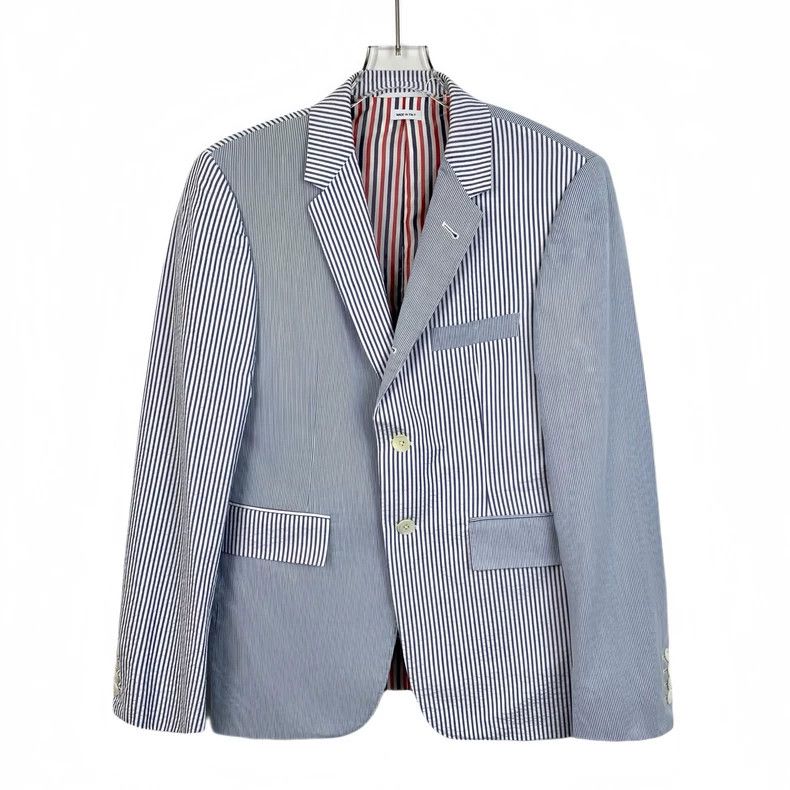 Thom Browne Color-blocked vertical striped lapel long-sleev