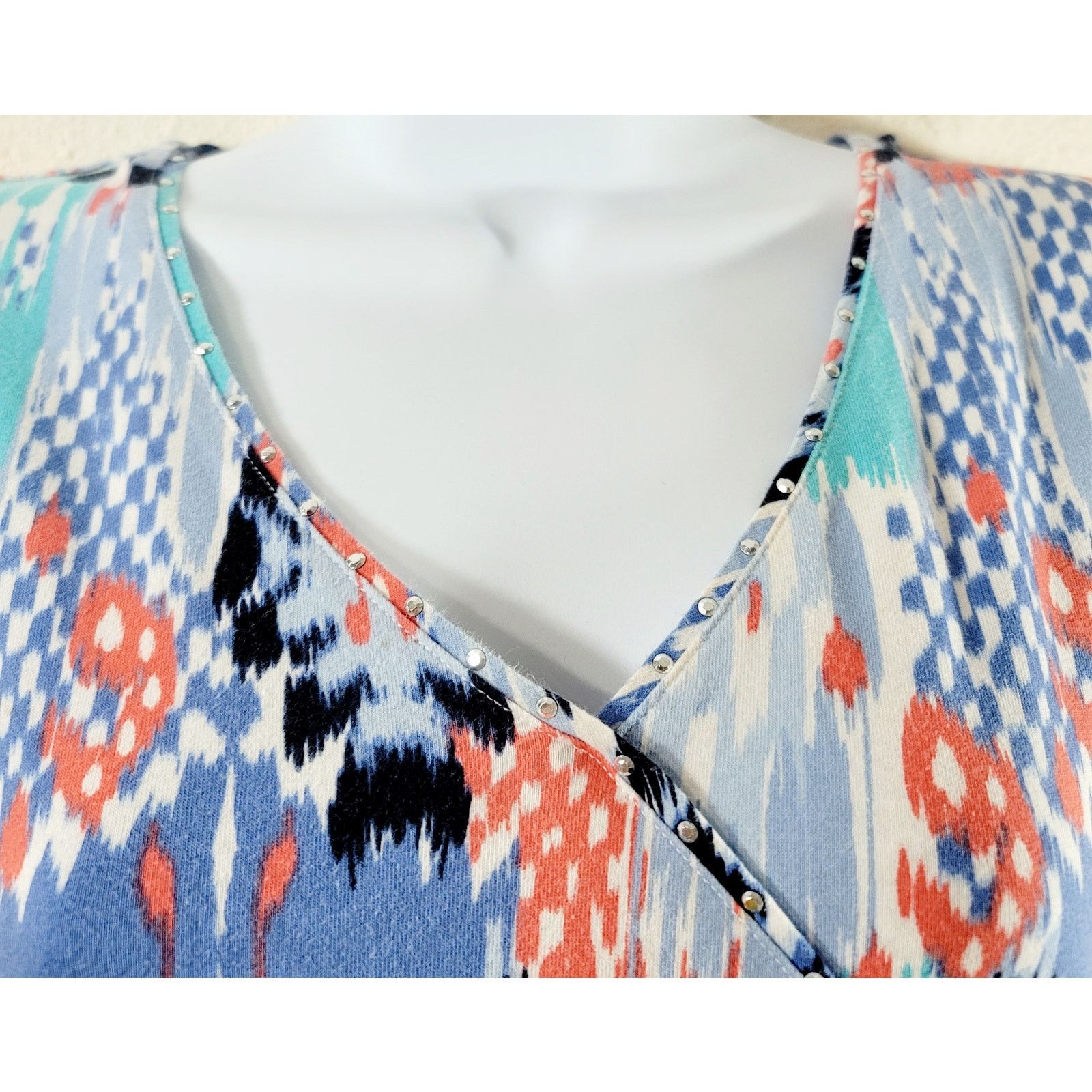 Other Ruby Rd. Blue White Orange Abstract Print V Neck Top Large Size L / US 10 / IT 46 - 2 Thumbnail