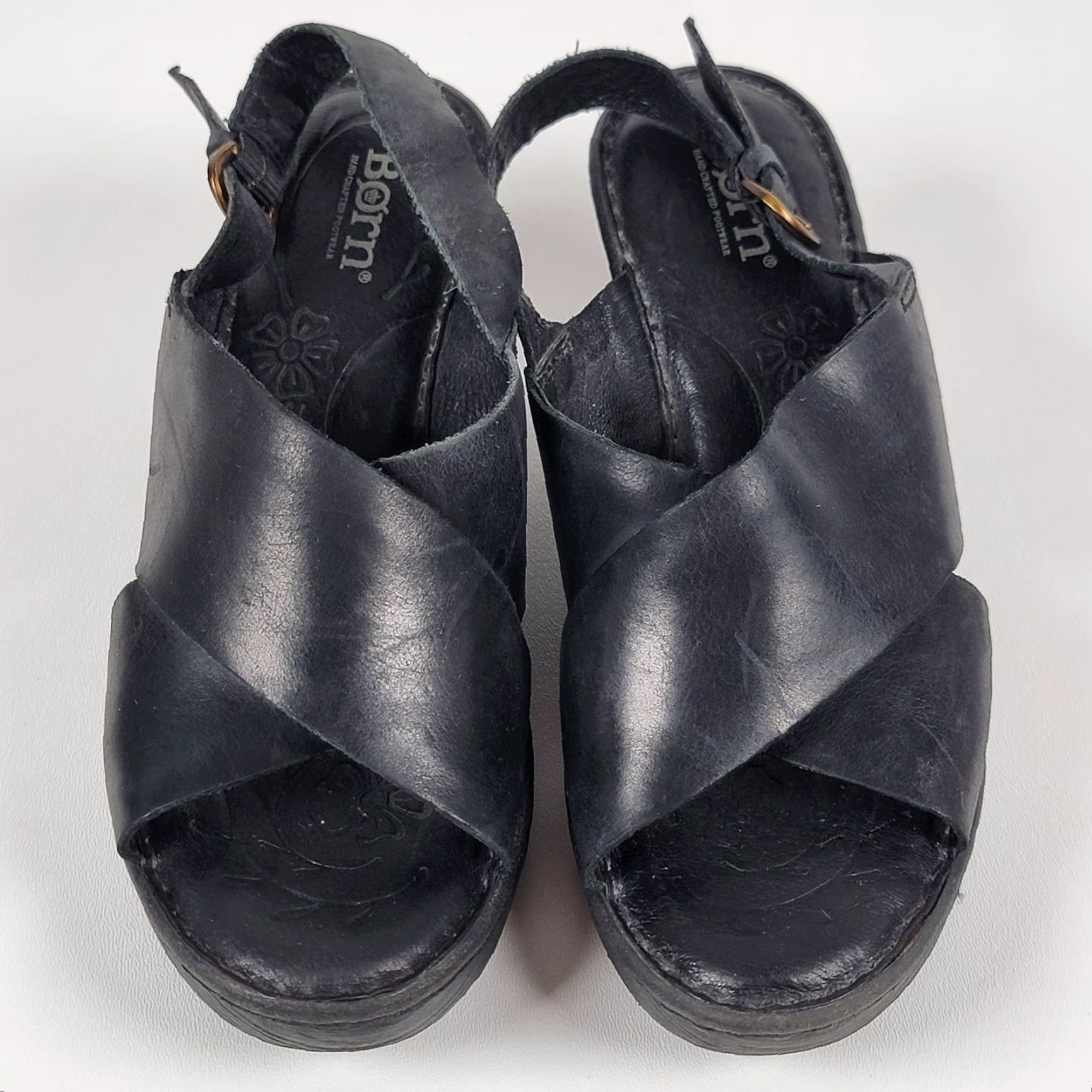 Born Born Emmy II Wedge Slingback Cross Strap Buckle Women's Black Leather Casual Heel 7M Size US 7 / IT 37 - 2 Thumbnail