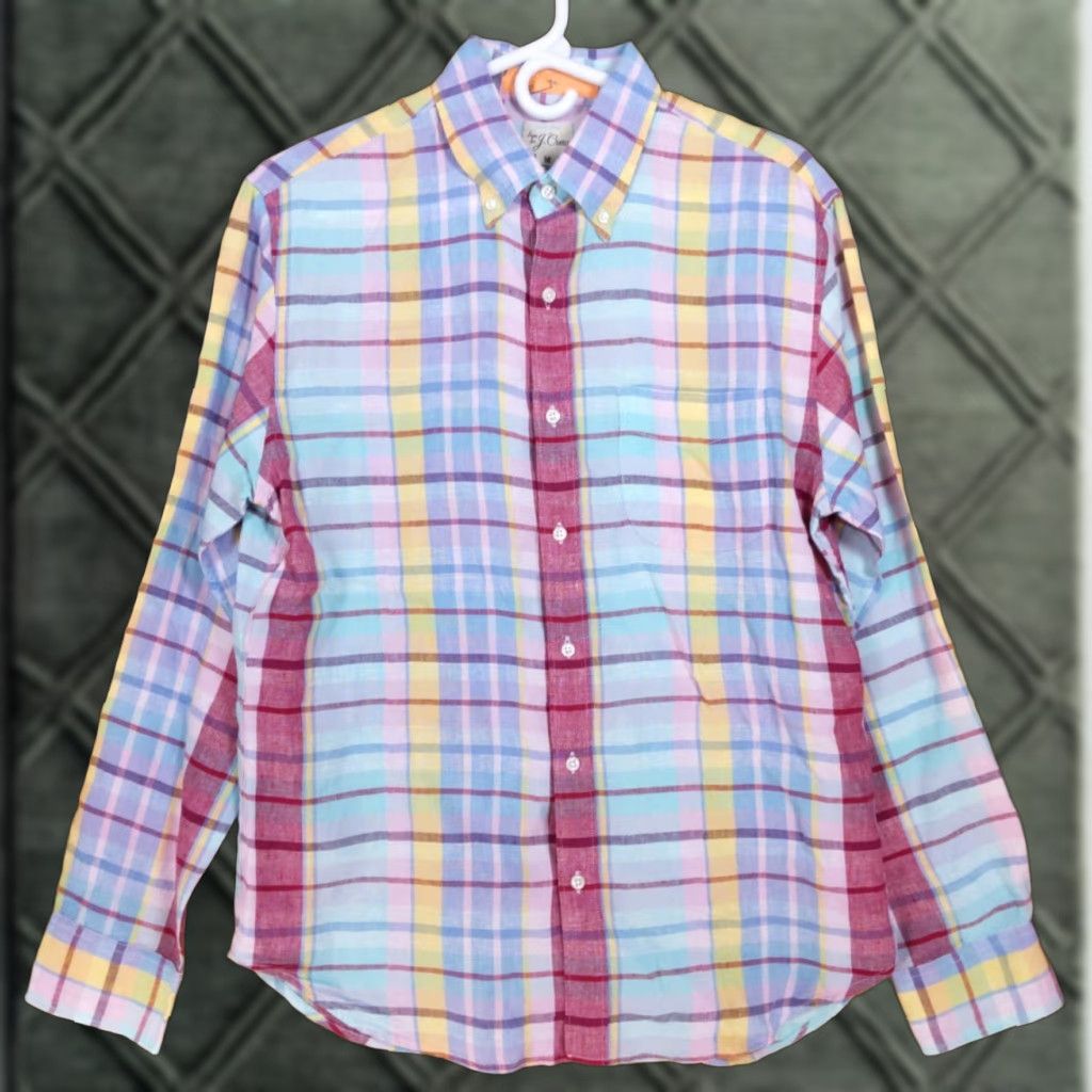 J.Crew Shirt Mens M Irish Linen Baird McNutt Madras Plaid Button-Down Slim Be558 Multicolor