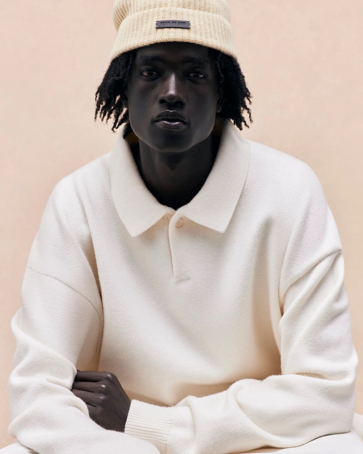image of Essentials Knit Cloud Dancer Polo in White, Men's (Size Large)