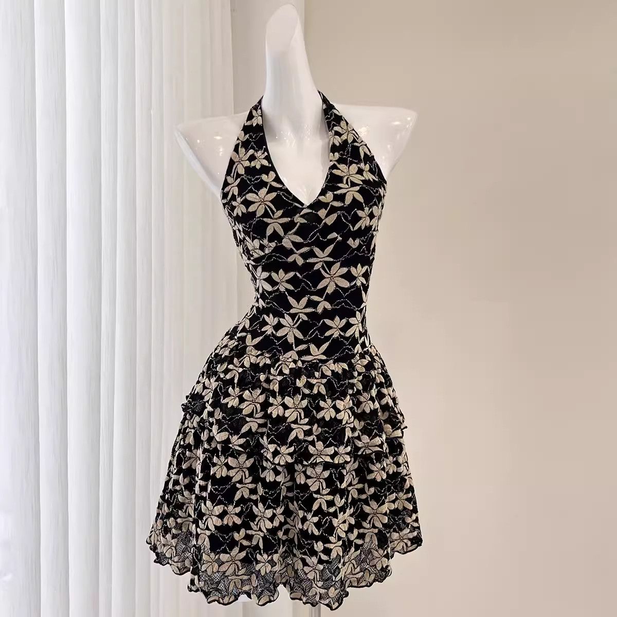 image of Vintage Sexy Hottie Lace Neck Floral Short Section Dress in Black, Women's (Size Medium)