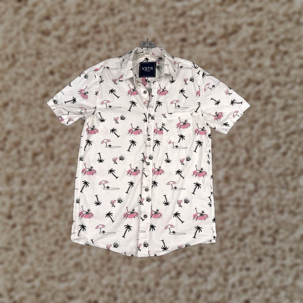 Vintage VSTR Shirt Men Small White Skeleton Cocktail Palm AOP Button-Up 100% Cotton Size US S / EU 44-46 / 1 - 1 Thumbnail