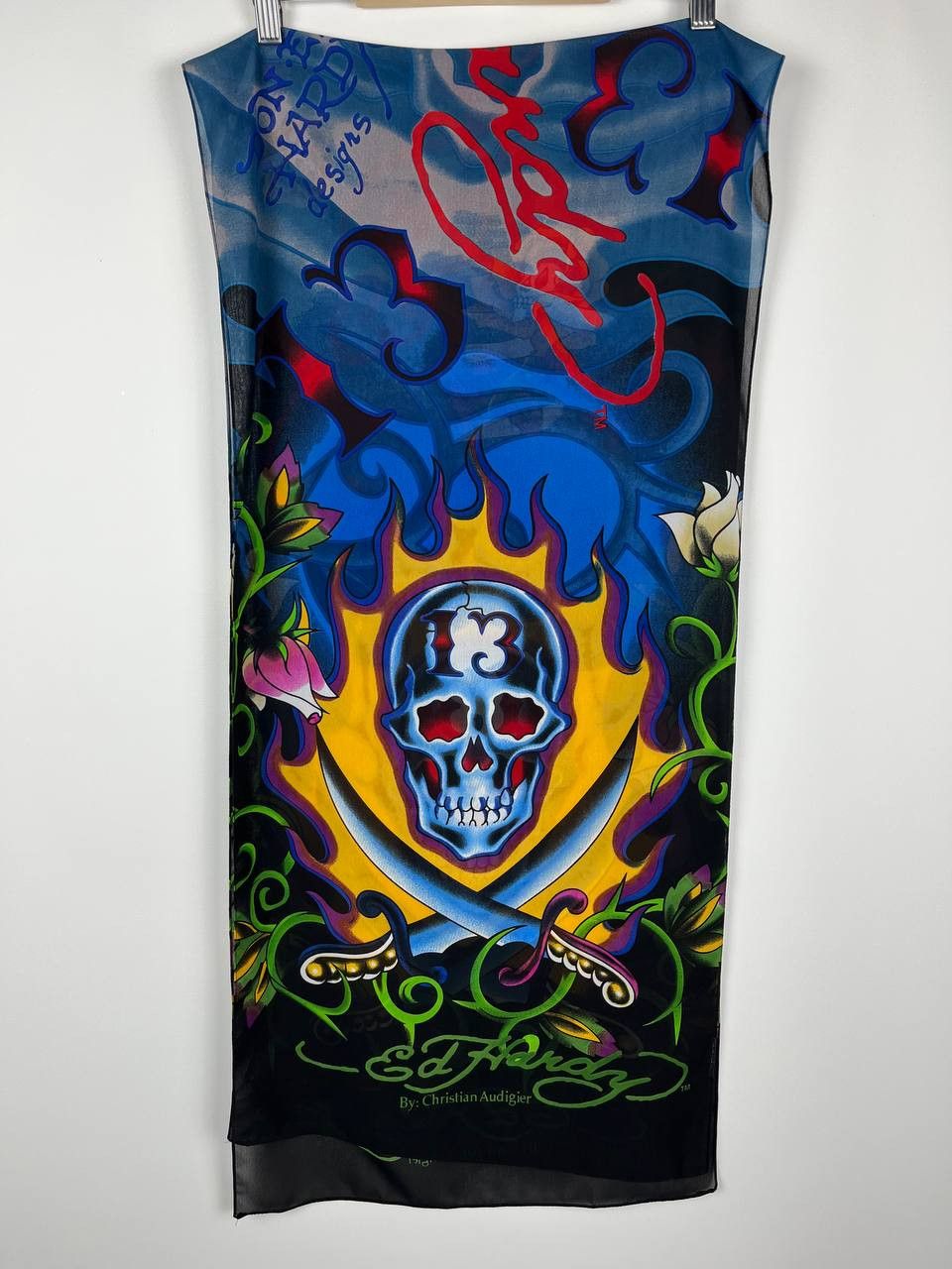 Ed Hardy ED HARDY Tattoo Art Scarf Skull Roses Christian Audigier Size ONE SIZE - 3 Thumbnail