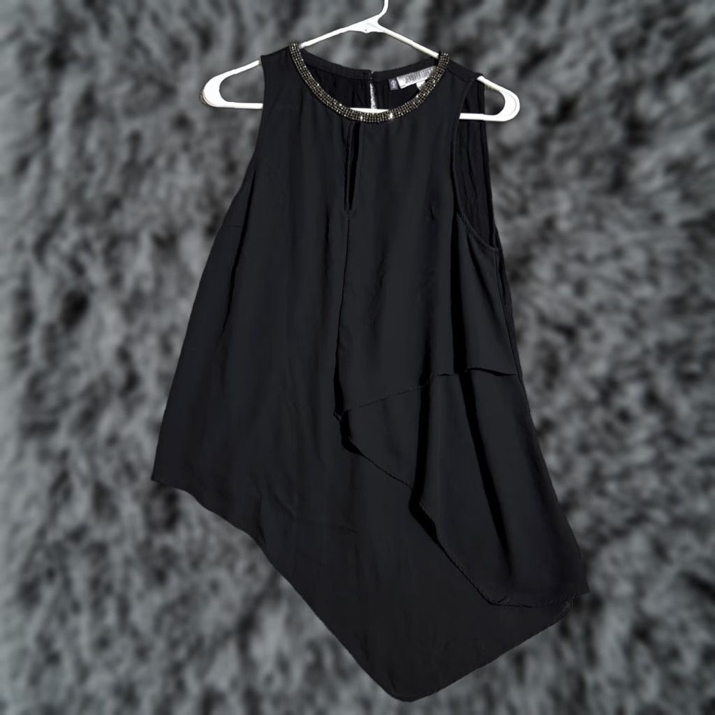 Vintage JLO Top Blouse Small Sleeveless Round Neck Rhinestone Asymmetrical Sparkly Evening Wear Black Polyester Womens S Shirt Size S / US 4 / IT 40 - 1 Thumbnail
