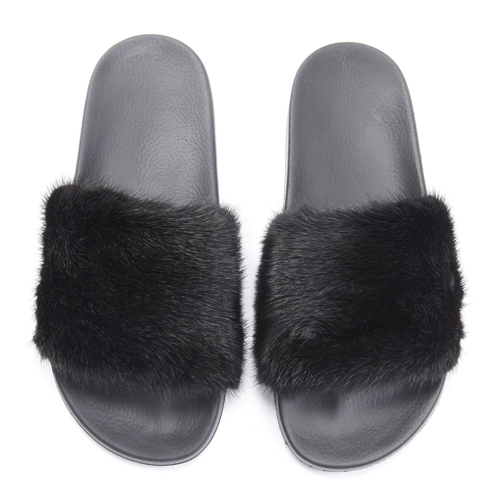 Givenchy new GIVENCHY black Vison Mink fur logo rubber molded footbed pool slides EU36 Size US 6 / IT 36 - 1 Thumbnail