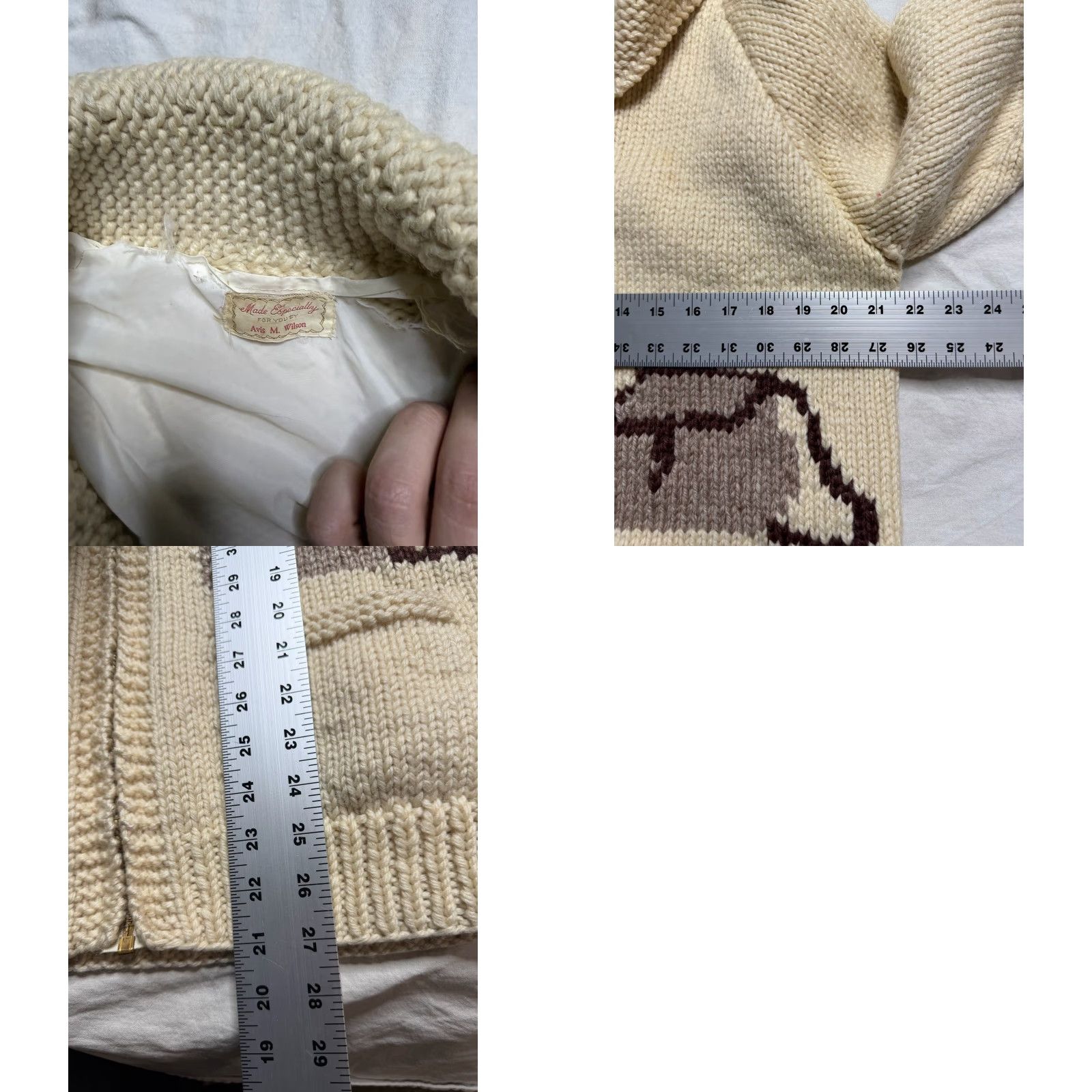 VINTAGE Cowichan Hand Knit Zip up Sweater Fishing Salmon Trout Basket M Beige 1950s Knit Rockabilly Mens