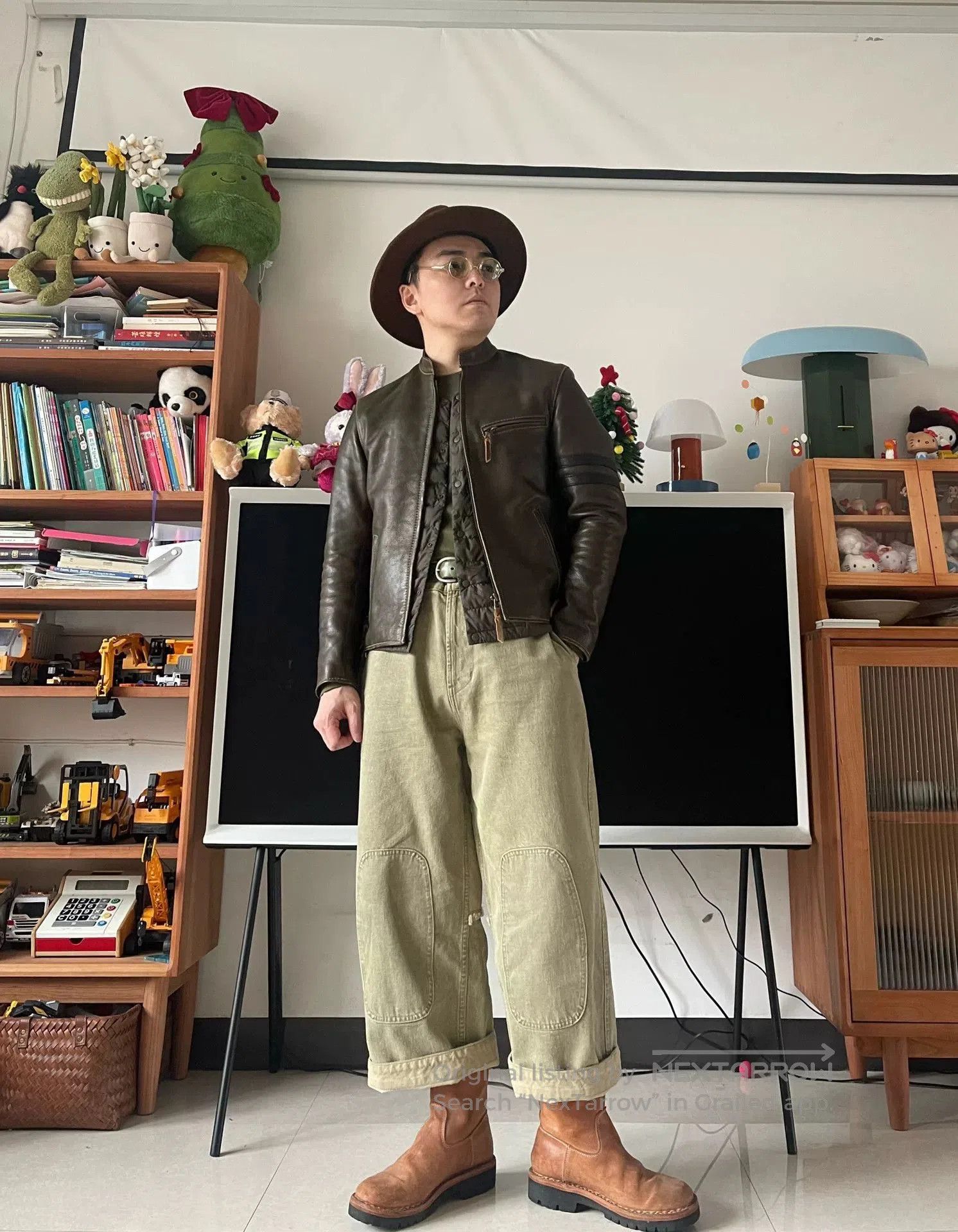 Japanese Brand olive green leather motorcycle jacket. Size US M / EU 48-50 / 2 - 8 Thumbnail