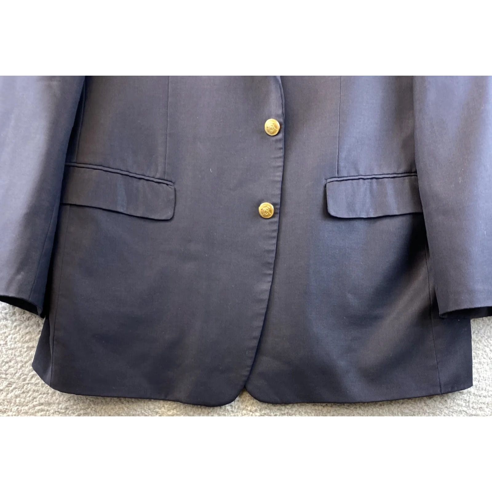 RALPH LAUREN Mens 46 L Suit Jacket Navy 100% Wool / 71-44 Two-Button Gold Single-Breasted Notch Lapel Long Coat/Cut Regular Fit Vintage No