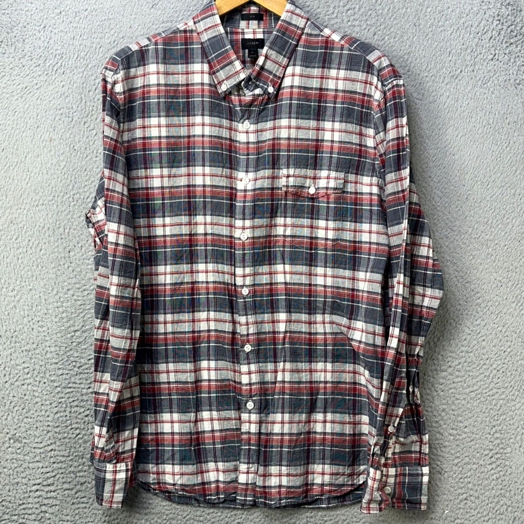 J.Crew J Crew Mens XL Slim Fit Shirt Button Down Blue Red Plaid Linen Blend Flap Pocket Size US XL / EU 56 / 4 - 2 Thumbnail