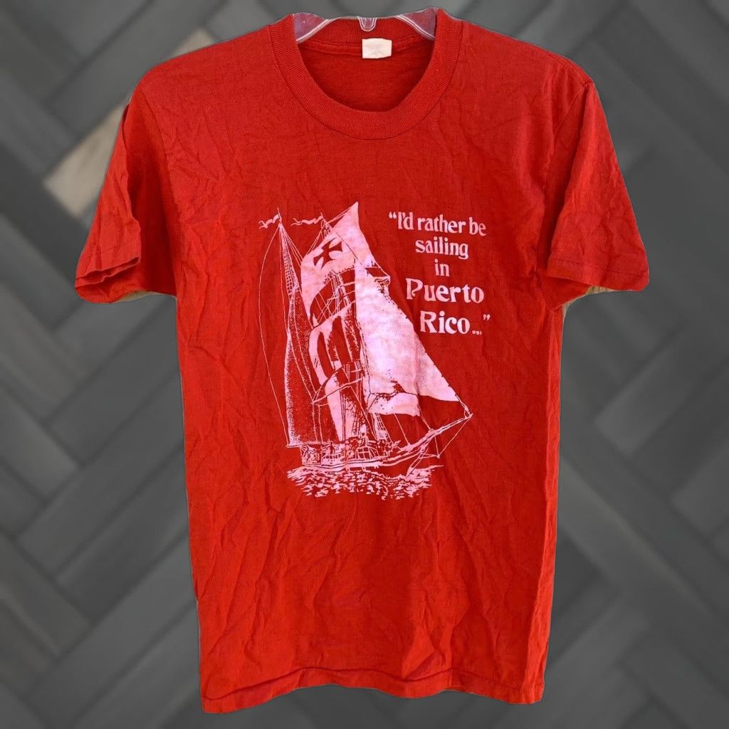 Vintage VINTAGE I’d Rather Be Sailing In Puerto Rico T Shirt 70s 80s Single Stitch L Shirt Mens Red 70s 80s Sailing Puerto Rico T-Shirt Size US L / EU 52-54 / 3 - 1 Thumbnail