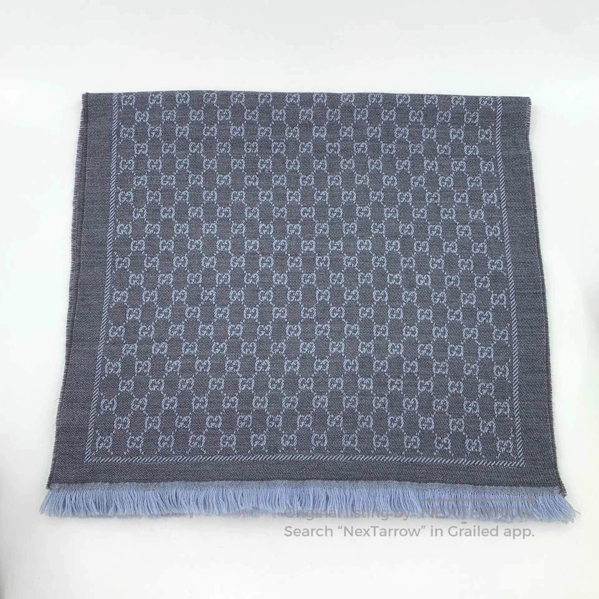 Gucci Guicci Blue-Gray Logo Jacquard Full Print Fringe Scarf| Size ONE SIZE - 1 Thumbnail