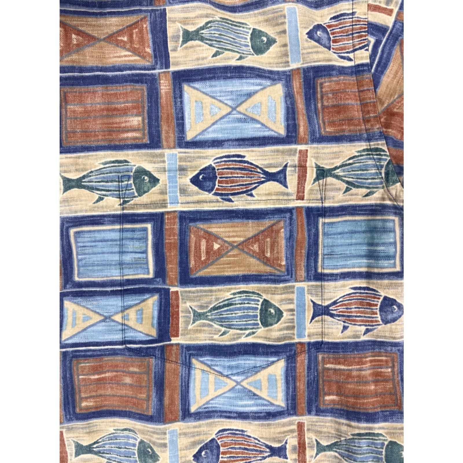 Vintage Cooke Street Shirt Mens Large Blue Beige Cotton Hawaiian Fish Tile Button-Up Short Sleeve Size US L / EU 52-54 / 3 - 6 Thumbnail