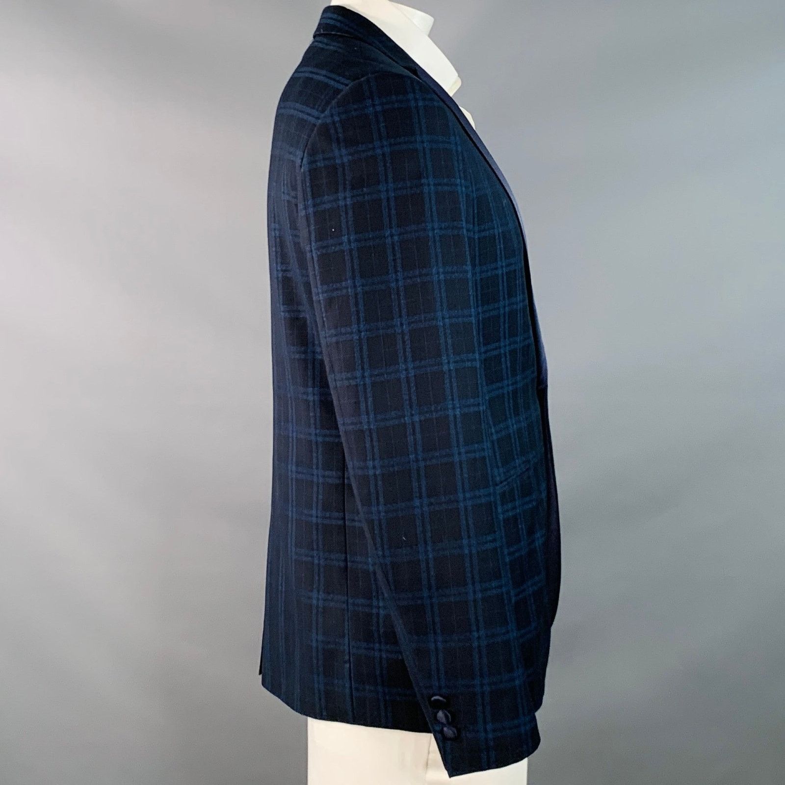 Farah Navy Blue Plaid Polyester Blend Slim Fit Sport Coat Size 42R - 3 Thumbnail