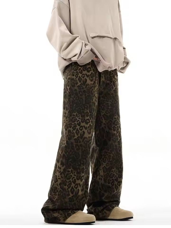 Japanese Brand 🐆 Y2K Grunge Baggy Jeans - Dark Brown Leopard Print Pant 🍂 Size US 31 - 5 Thumbnail