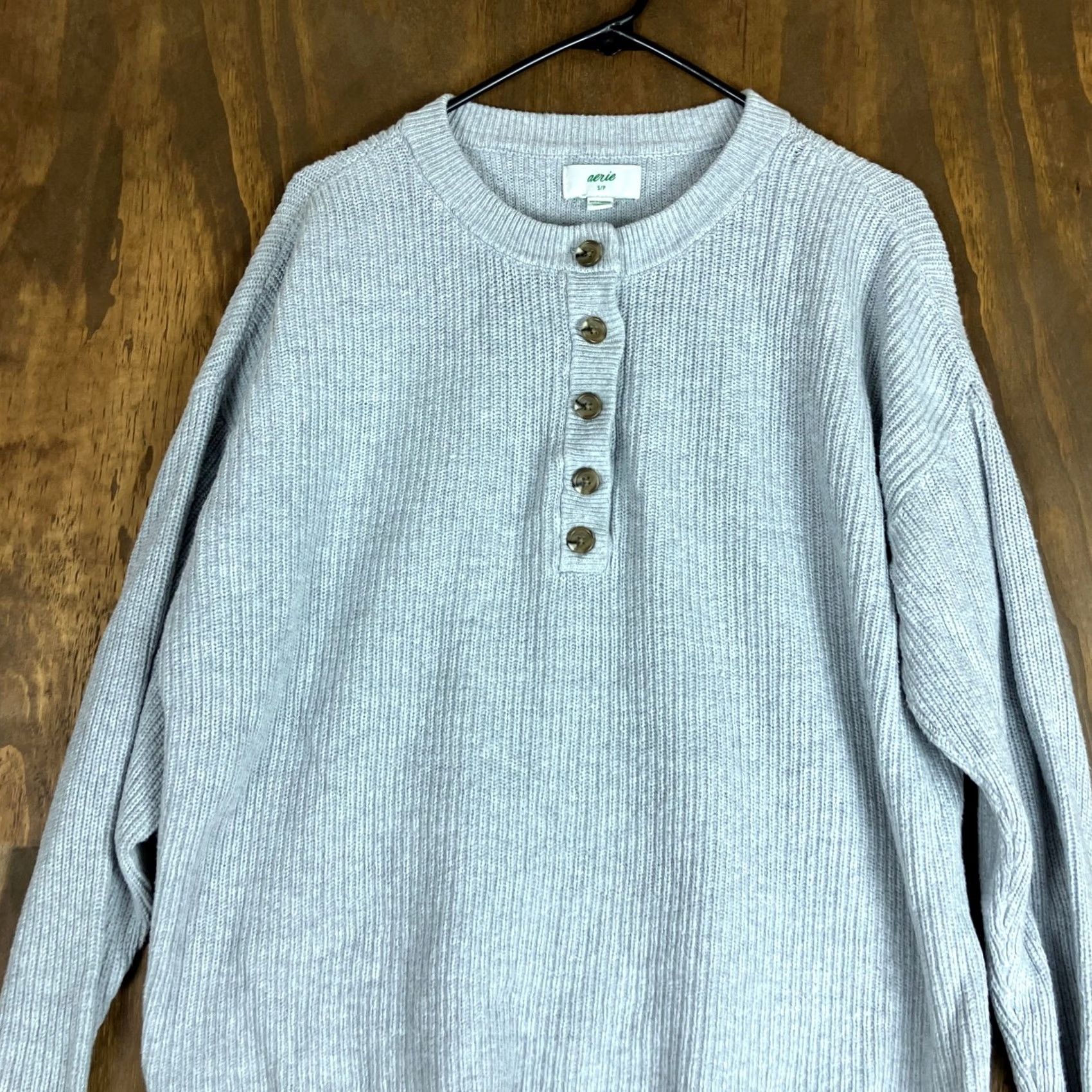 Vintage Aerie Womens Sweater Gray Pullover Ribbed Henley Long Sleeve 100% Cotton Small Size S / US 4 / IT 40 - 2 Thumbnail