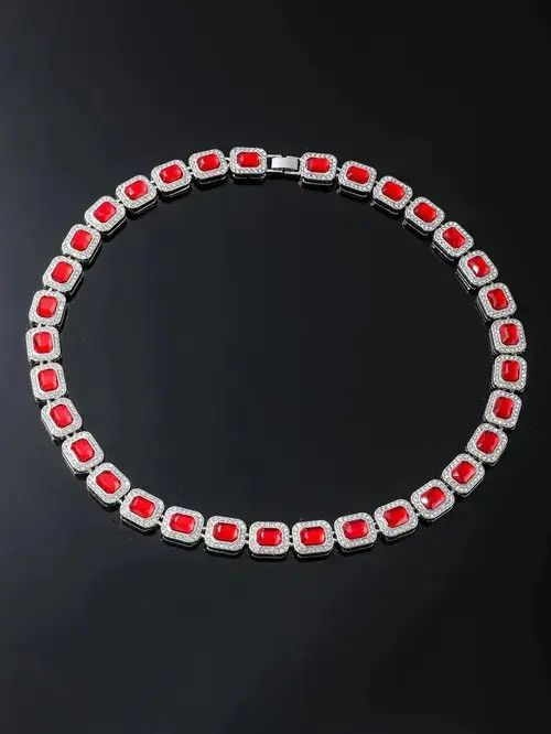 Jewelry × Vintage Retro Punk Rhinestone Ruby Necklace Chain Square Size ONE SIZE - 3 Thumbnail