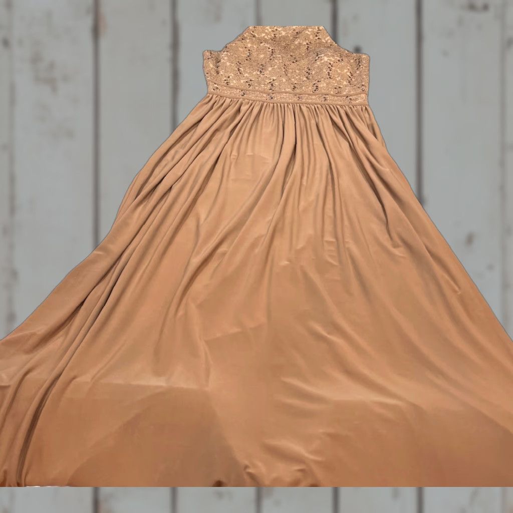 Nightway Dress Maxi HALTER Sequin Lace Brown Beige NEW GOWN Stretchy Size  10 NWT