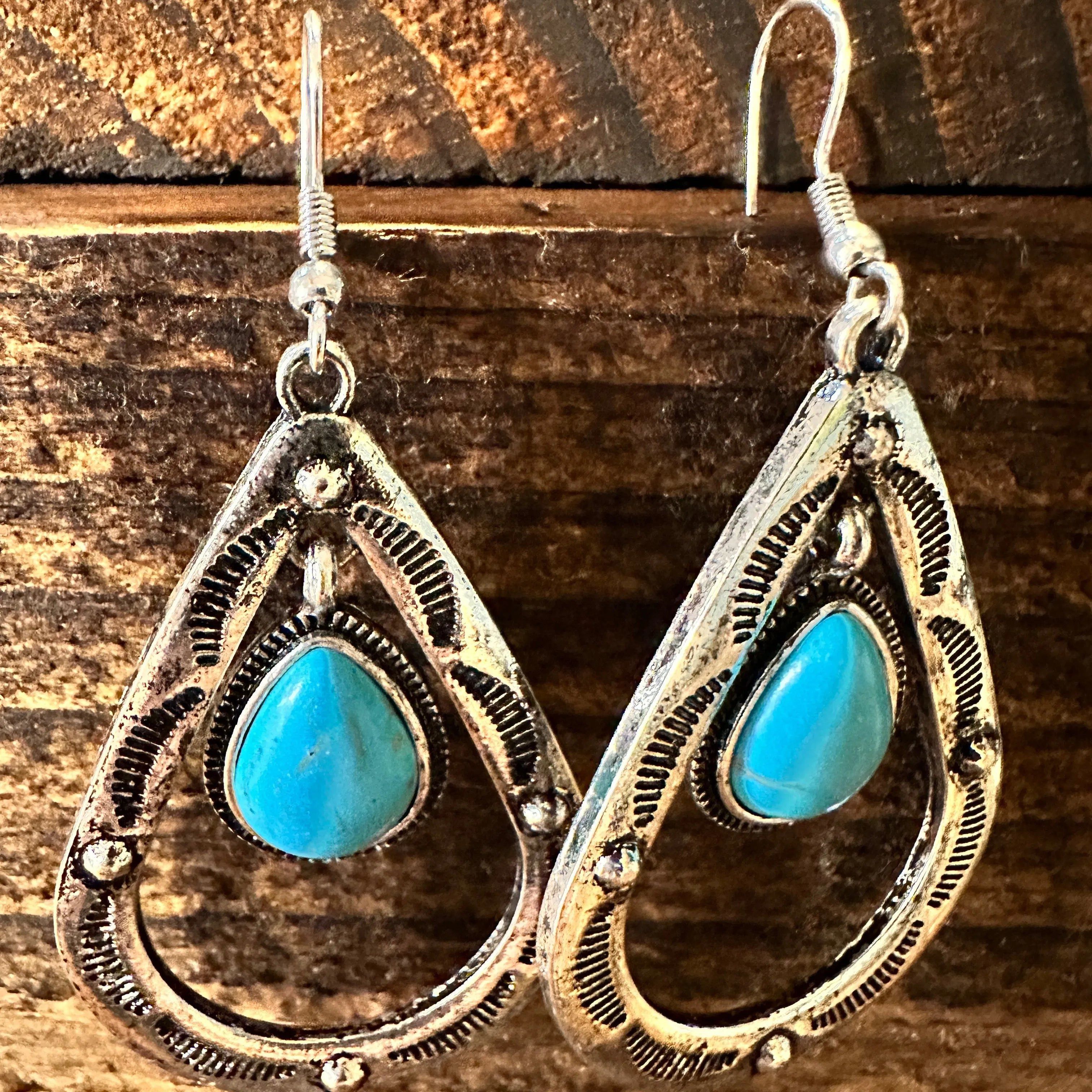 Other Boho Hippie Cowgirl Western Stamped Turquoise Teardrop Silve Size ONE SIZE - 4 Thumbnail