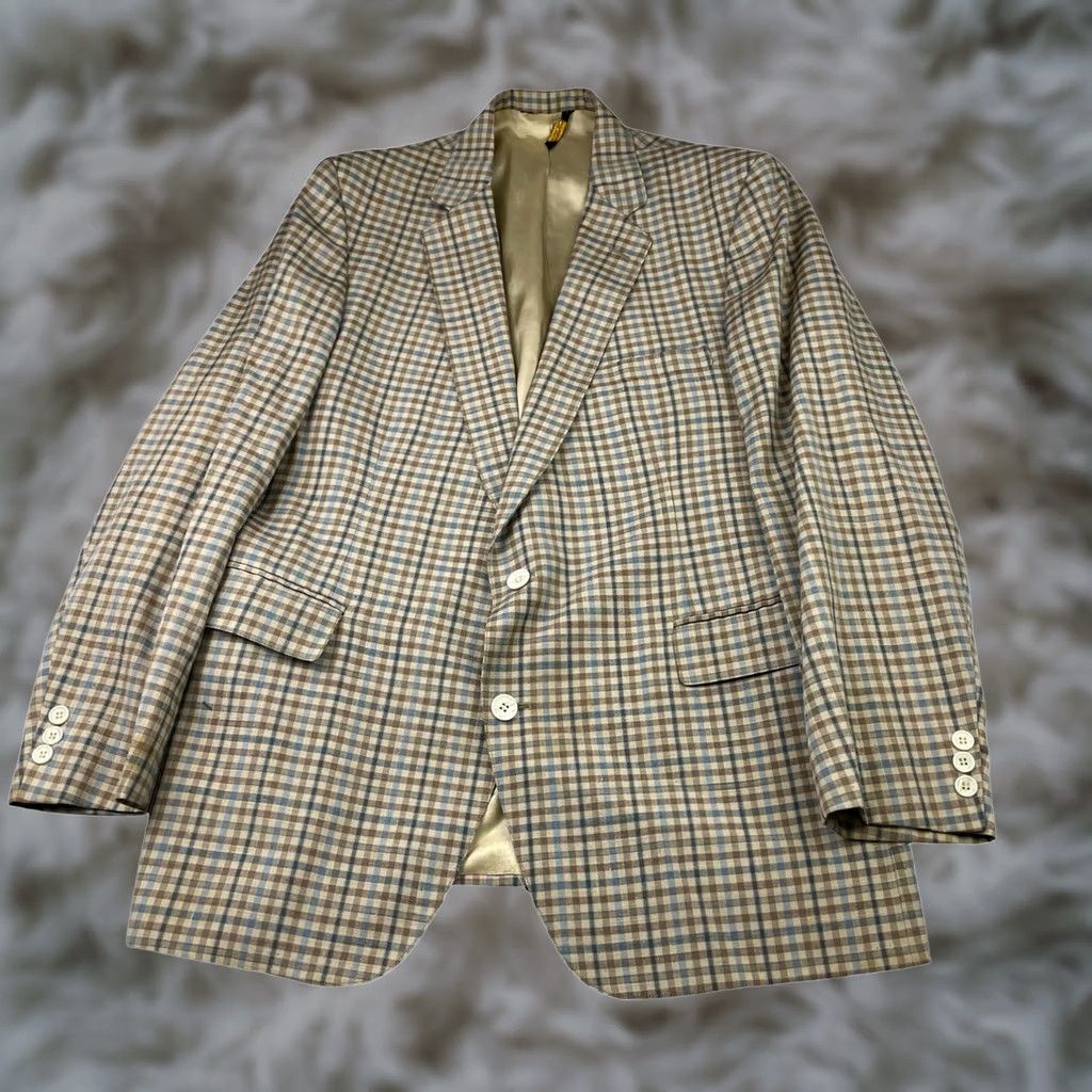 Brooks VINTAGE John Brooks Blazer Mens Beige/Blue/Brown Plaid 42S Two-Button Size 42R - 1 Thumbnail
