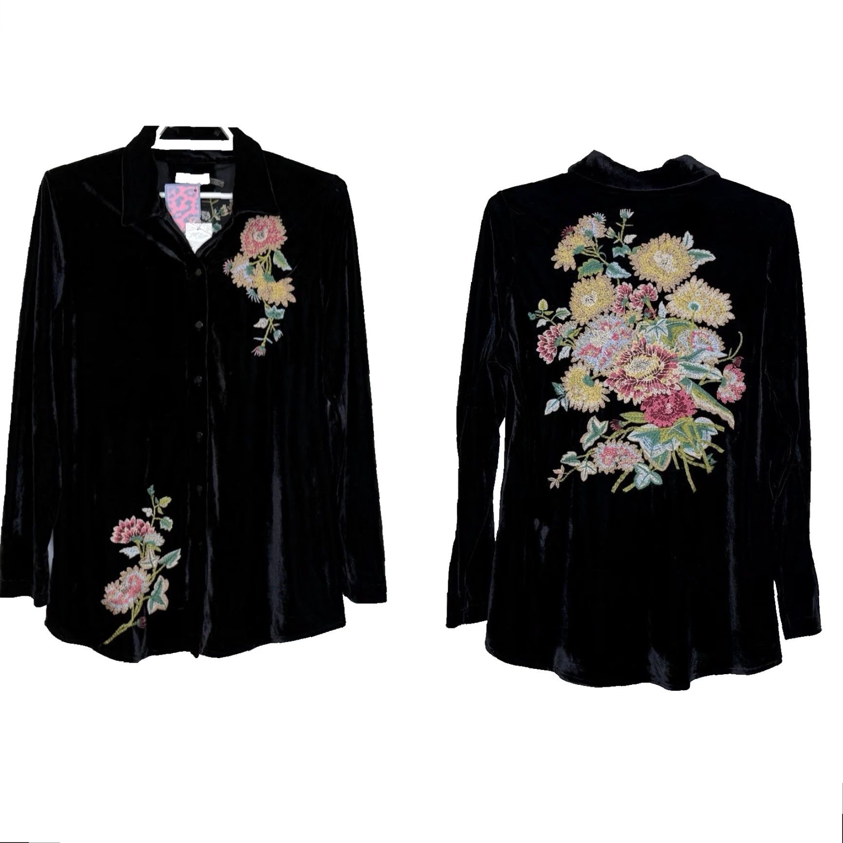 Velvet Paparazzi Velvet Embroidered Button Front Top Womens Medium Black Floral BOHO Shirt Tunic Long Sleeve Collared Stretch Size M / US 6-8 / IT 42-44 - 2 Thumbnail