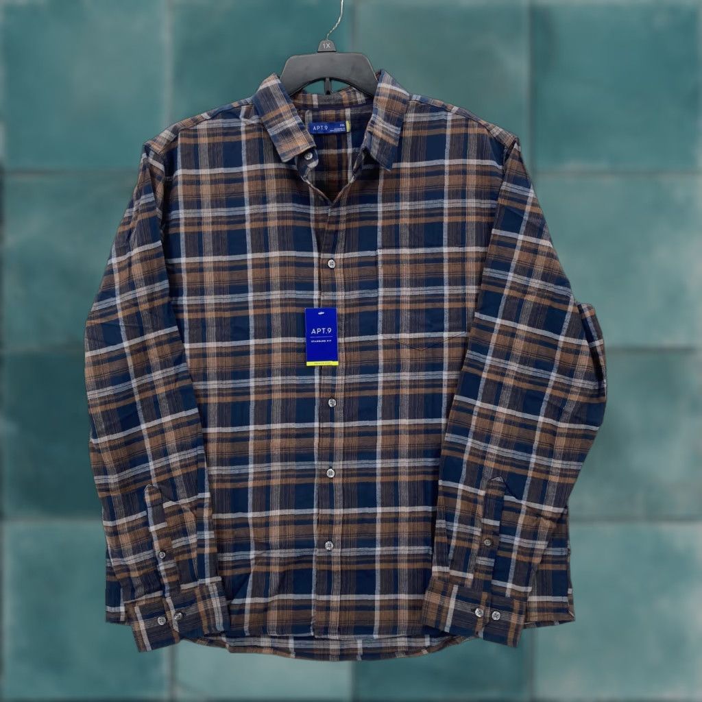 Apt. 9 APT 9 Shirt Mens 2XL Blue Brown Plaid Flannel Long Sleeve Button Up Stretch NWT Size US XXL / EU 58 / 5 - 1 Thumbnail