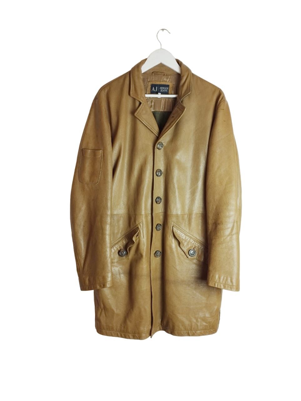 image of Vintage Y2K Armani Jeans Leather Coat in Brown, Men's (Size Large)