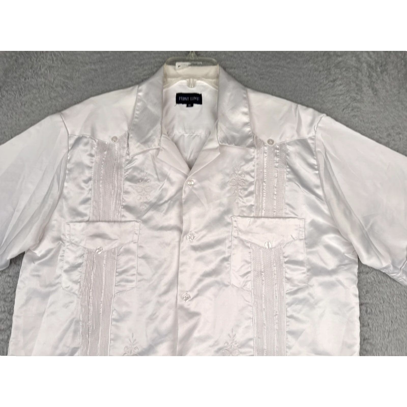 Vintage First Line Shirt Mens XL White Satin Guayabera Wedding Short Sleeve Button Up Size US XL / EU 56 / 4 - 4 Thumbnail
