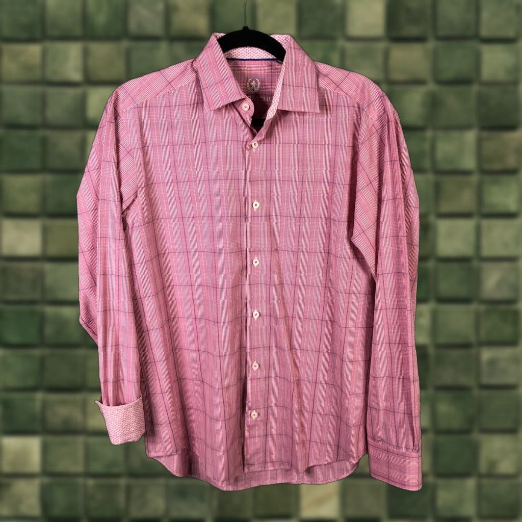 BUGATCHI Bugatchi Uomo Shirt Mens 15 34/35 Pink Blue Check Plaid Dress Button Front Shirt Size 40R - 1 Thumbnail