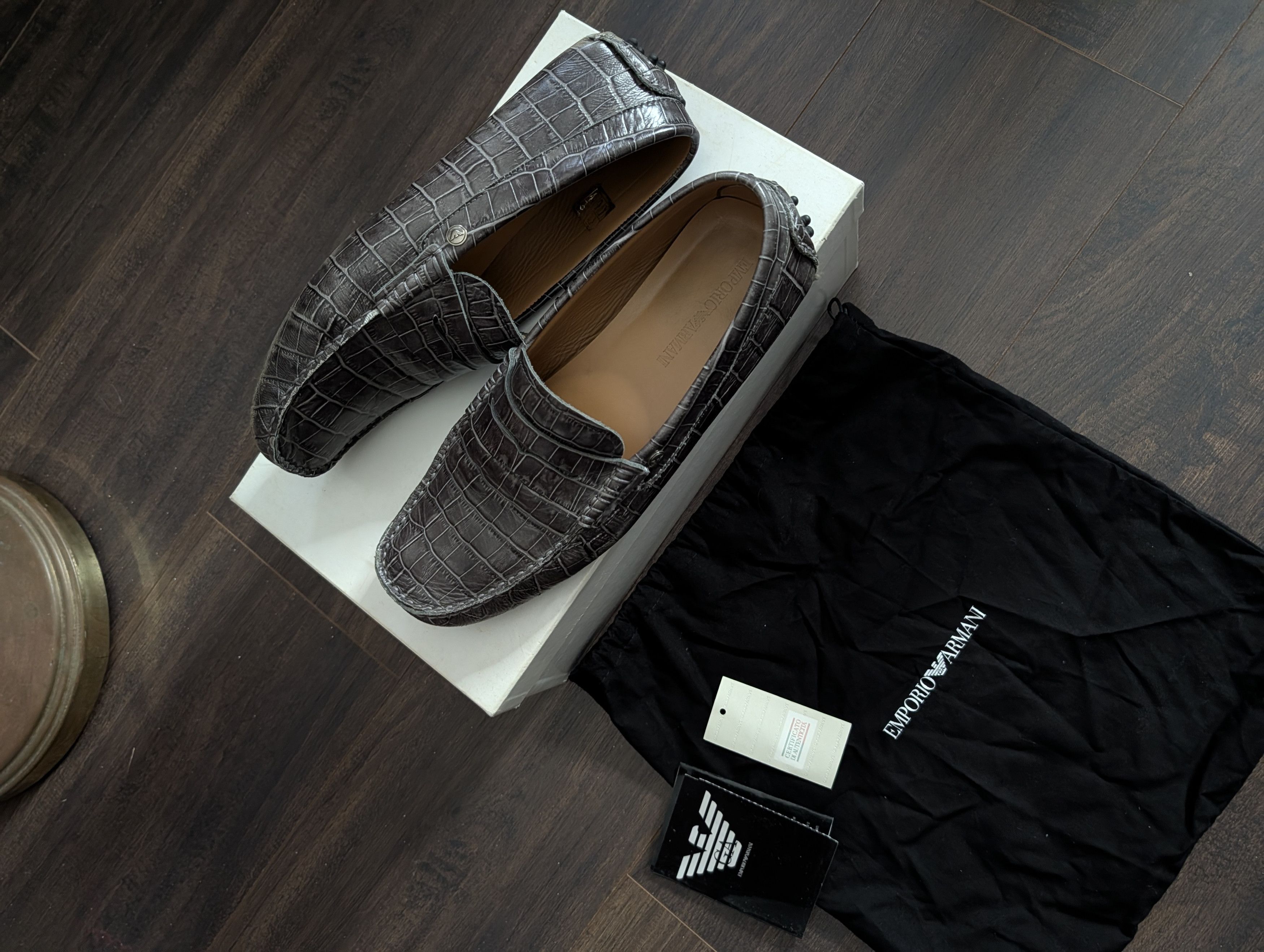 Emporio Armani Spanish alligator leather embossed gray driving loafers 9 Size US 9 / EU 42 - 1 Thumbnail