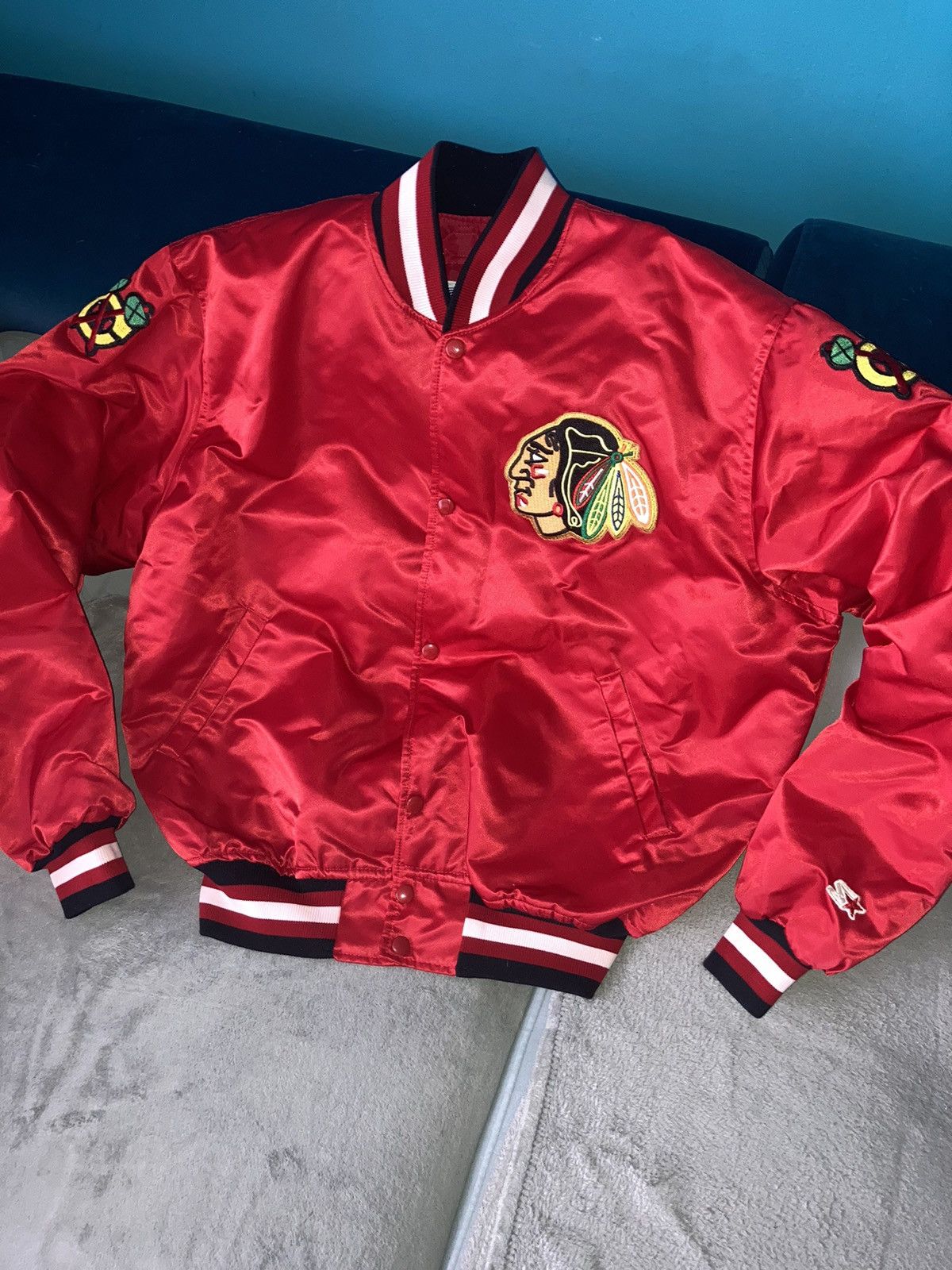 image of Archival Clothing x Made In USA Chicago Blackhawks Satin Starter Bomber Jacket Made Usa 90’S in Red