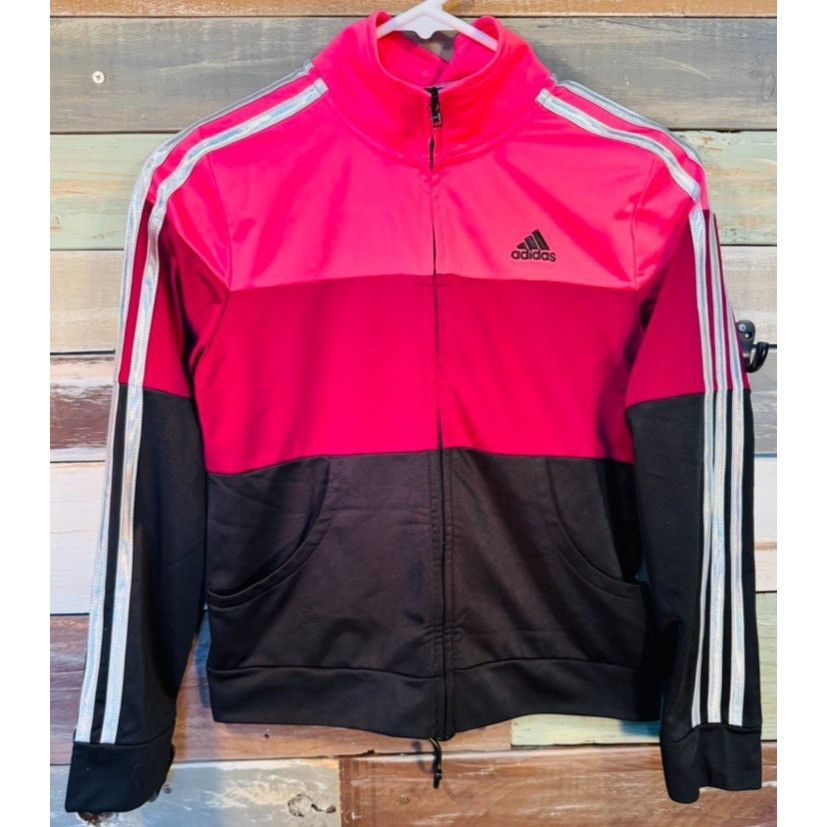Adidas Adidas Girls Black Burgundy Pink Tricot Colorblock Zip Track Size L / US 10 / IT 46 - 1 Thumbnail