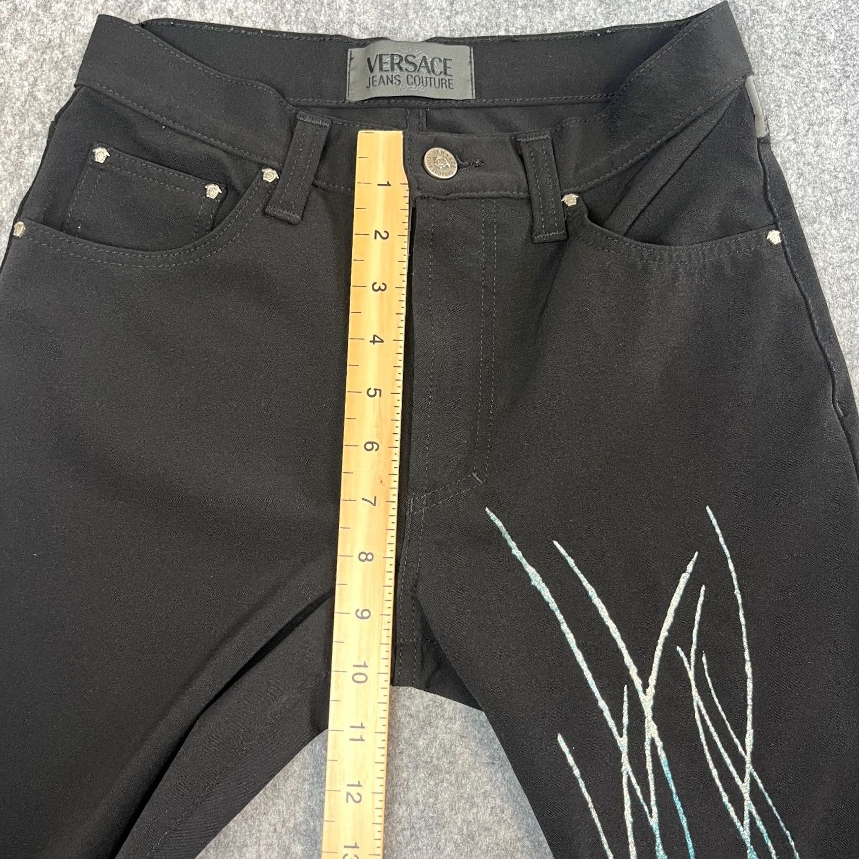 Versace VINTAGE Versace Black Straight Trousers 29 32 UK 10 Womens Pants Chino Flagship Logo Glitter Design Ballistic Elasticated? Size 29" - 6 Thumbnail