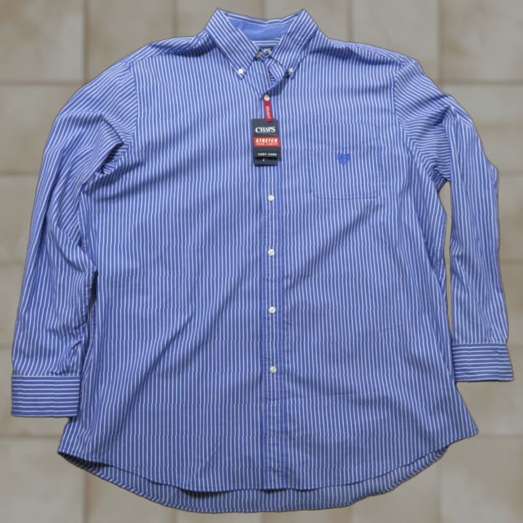 Chaps NWT Chaps Button-Down Shirt 2XLT Blue White Stripe Long Sleeve Cotton Woven Easy Care Embroidered Pocket Mens Size US XXL / EU 58 / 5 - 1 Thumbnail