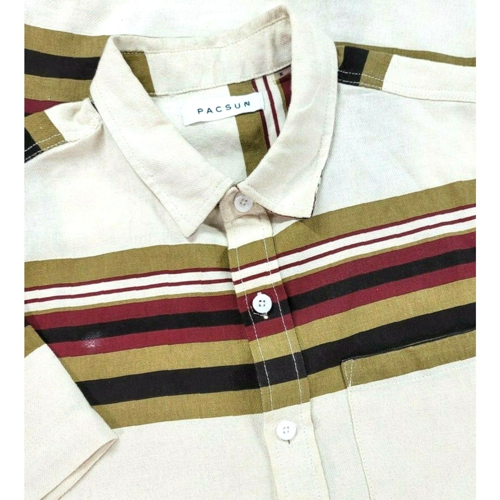 Pacsun Pacsun Mens Button Up Short Sleeve Striped Shirt Small Beige Red Regular Cotton Shirt Mens Size US S / EU 44-46 / 1 - 2 Thumbnail