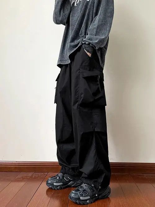 image of Vintage Streetwear Black Cargo Parachute Pants Y2K, Men's (Size 32)