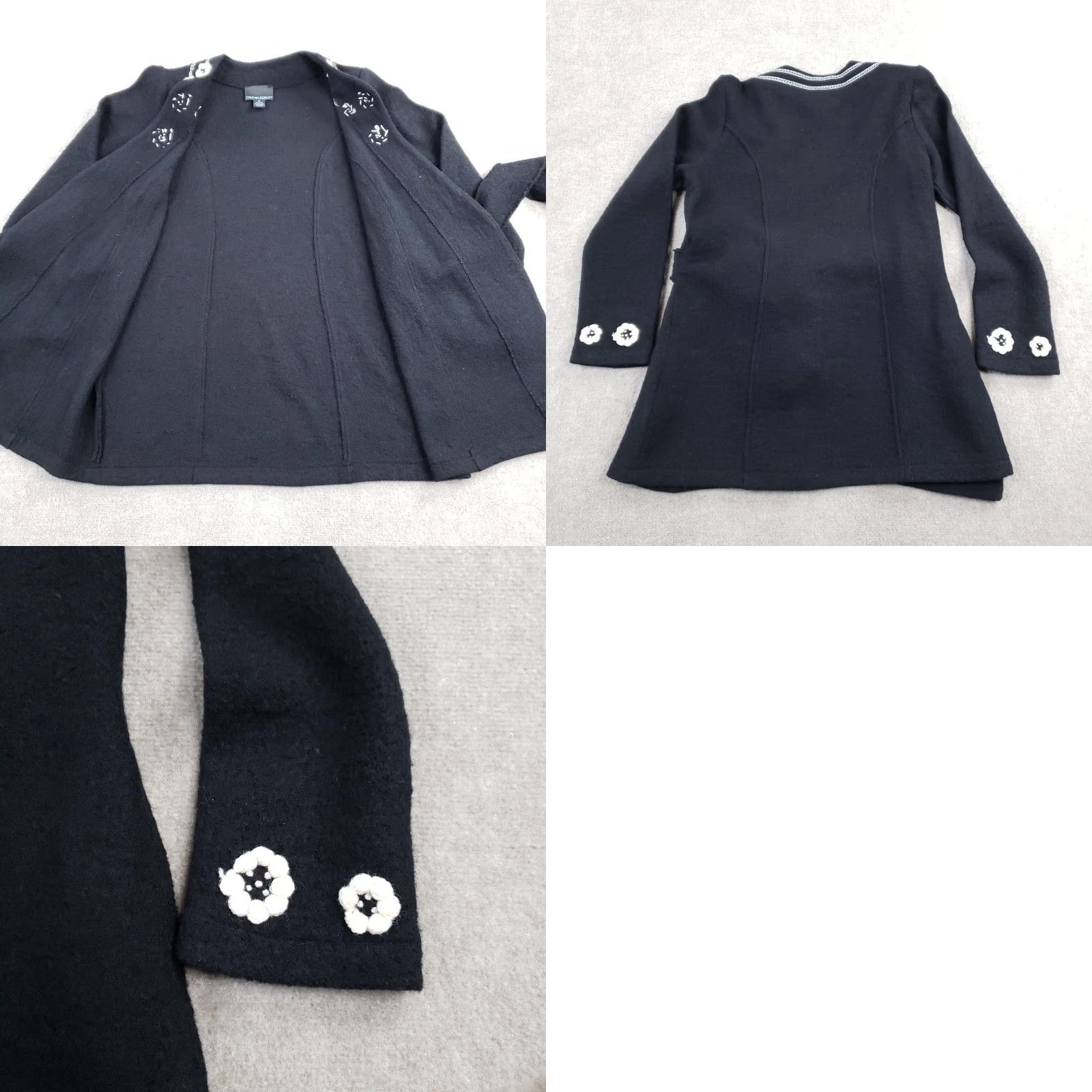 Cynthia Rowley Cynthia Rowley Cardigan Women Medium Black Wool Floral Belted Crochet Open Front V-Neck Sweater Size M / US 6-8 / IT 42-44 - 8 Thumbnail
