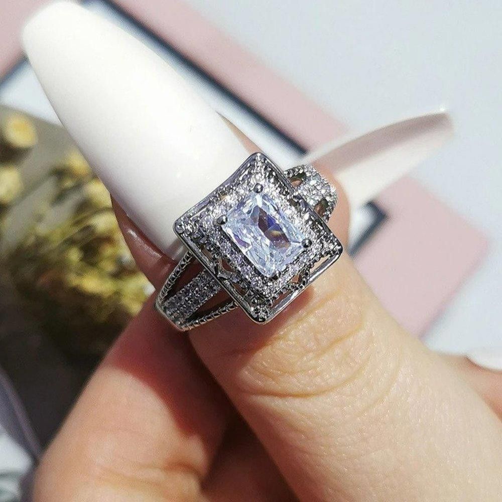 Designer 925 Sterling Silver Square Cut Inlaid Engagement Ring Size ONE SIZE - 6 Thumbnail