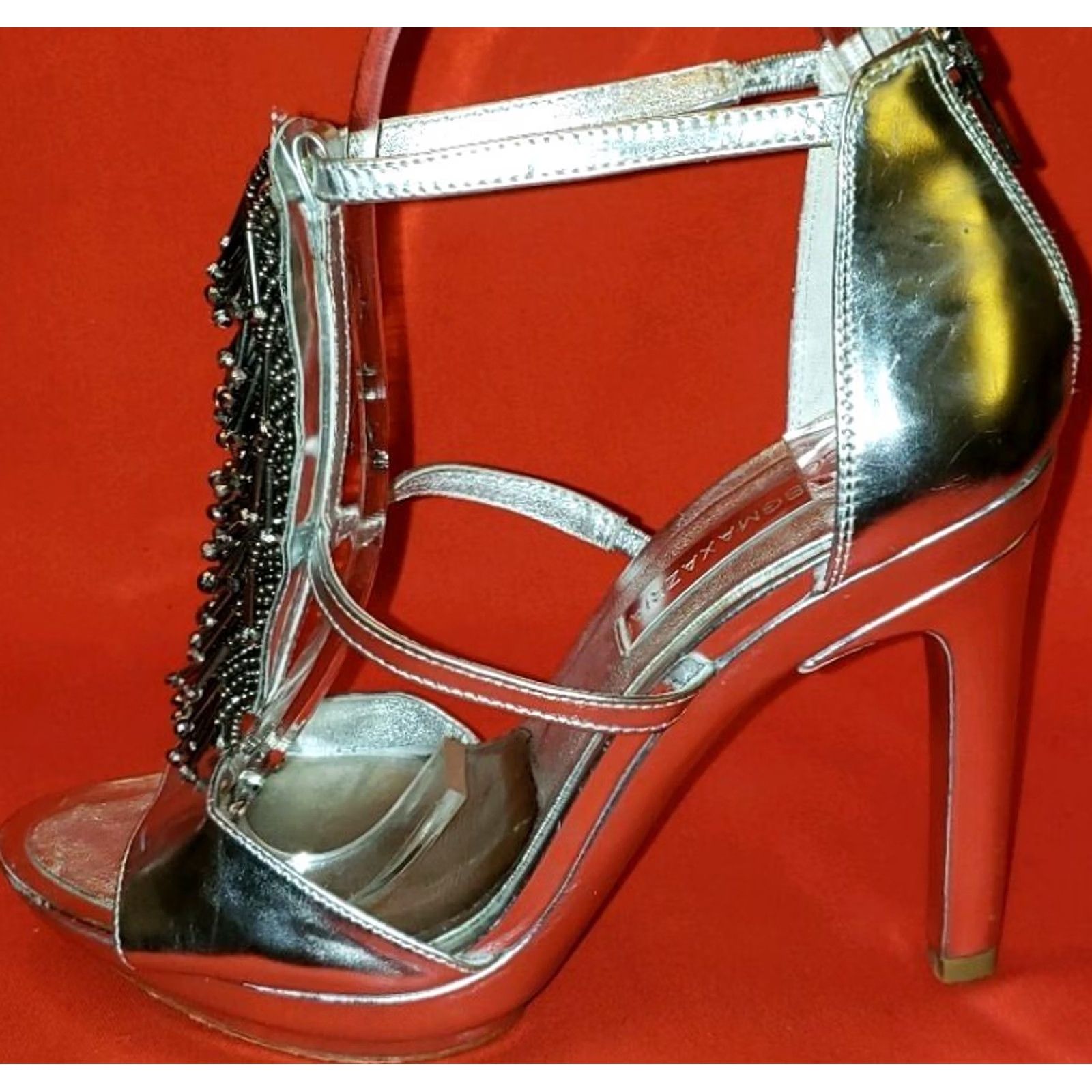 Bcbgmaxazria BCBG MAXAZRIA Pumps Womens Silver ANKLE STRAP HEEL SIZE BEADED TASSELS UPFRONT Size US 5 / IT 35 - 4 Thumbnail