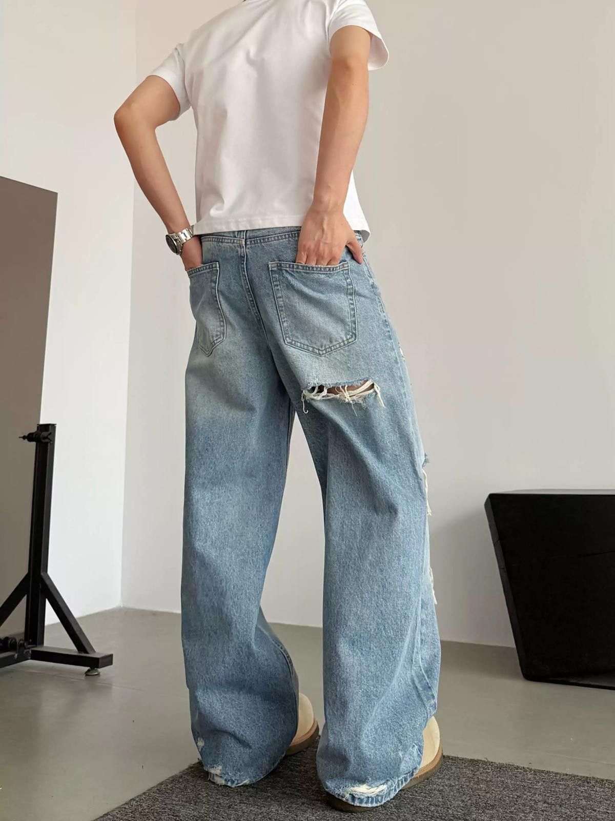 Jean Loose Distressed Ripped Wide Leg Jeans Size US 28 / EU 44 - 4 Thumbnail