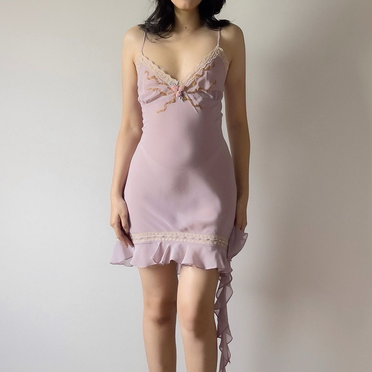 Vintage Romantic Dusty Purple Chiffon Semi-Sheer Mini Dress (Large) Size L / US 10 / IT 46 - 9 Thumbnail