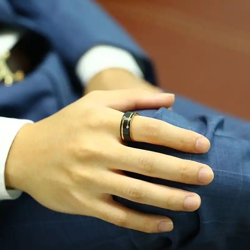 Other Black Tungsten Carbide with Gold Color Lines CZ Stones Ring Size ONE SIZE - 3 Thumbnail