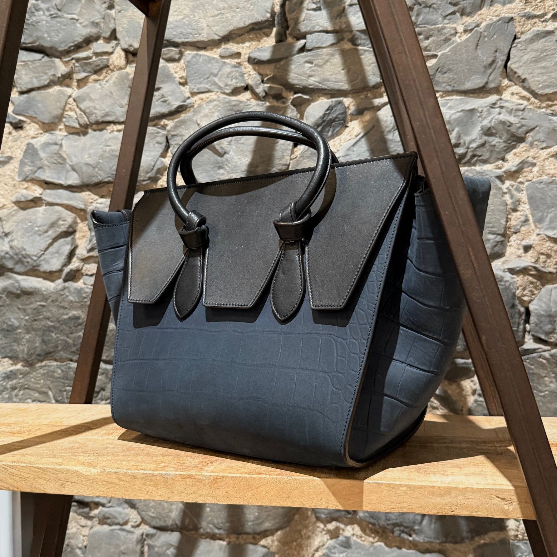 Celine Céline Midnight Blue Croc Embossed Small Tie Knot Tote Size ONE SIZE - 3 Thumbnail