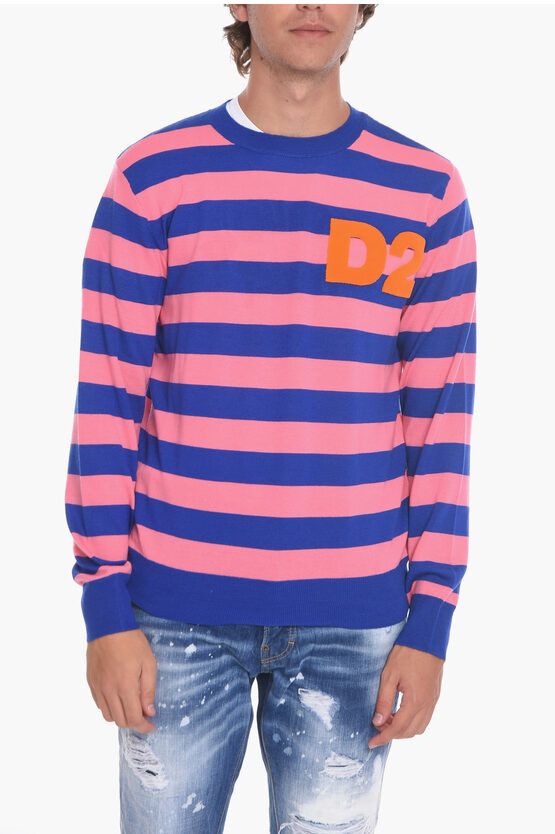 image of Dsquared2 Wool Striped Sweather With Flocked Logo in Blu/Rosa, Men's (Size 2XL)