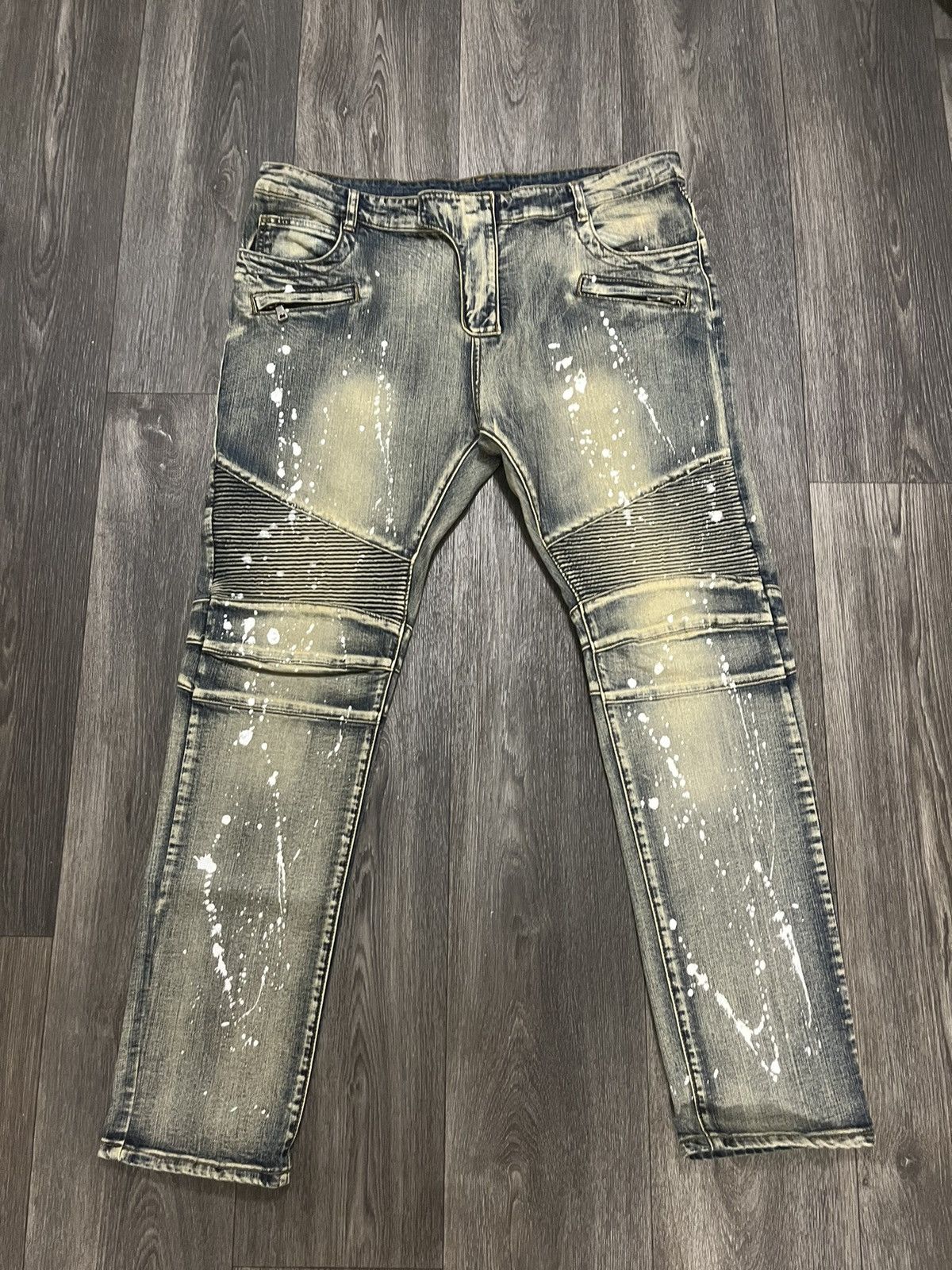 image of Pierre Balmain Splatter Biker Denim in Grey, Men's (Size 40)