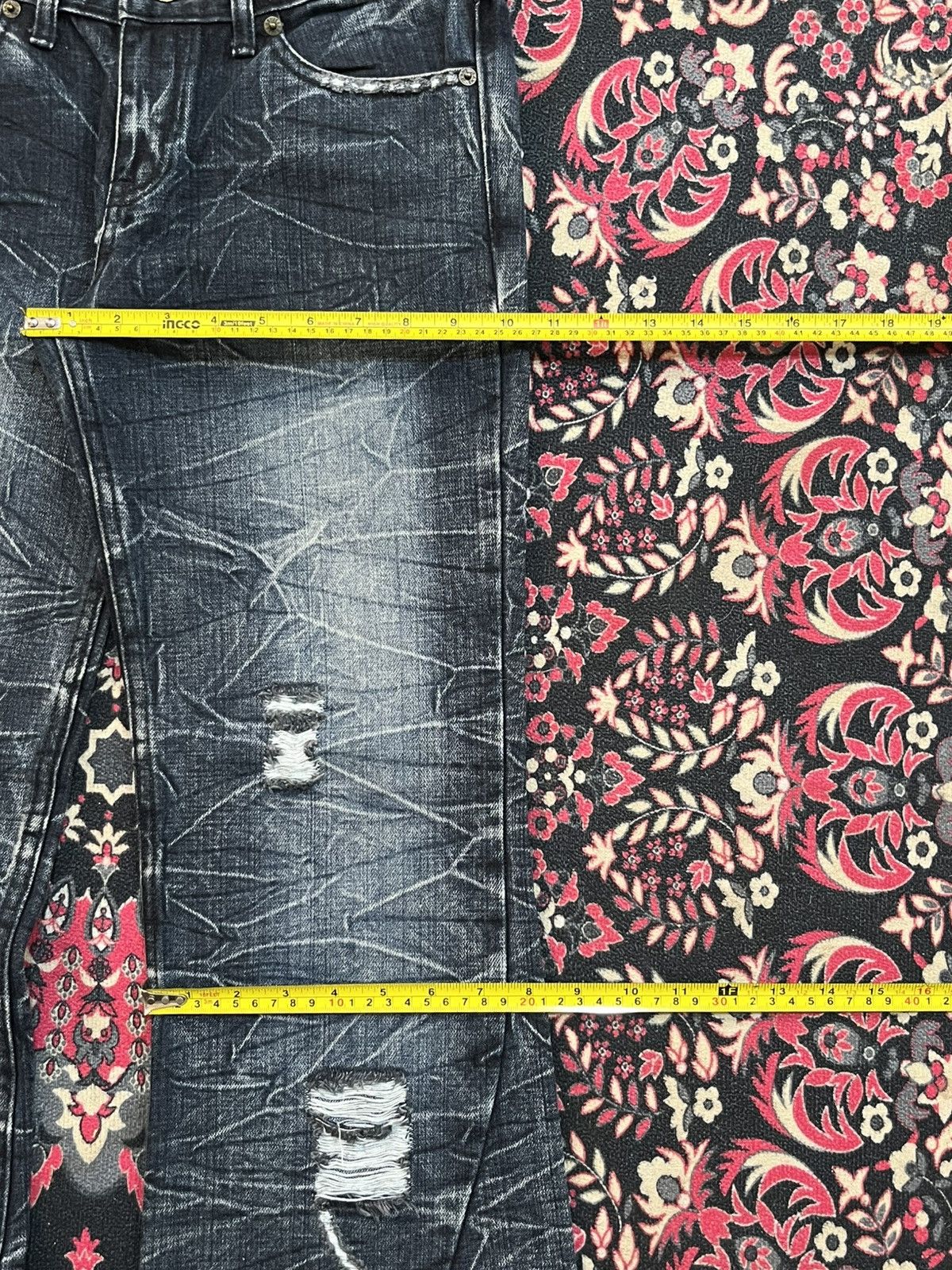 Tornado Mart K.U.I Dark Cracked Washed Distressed Flare Jeans Size US 32 / EU 48 - 13 Thumbnail