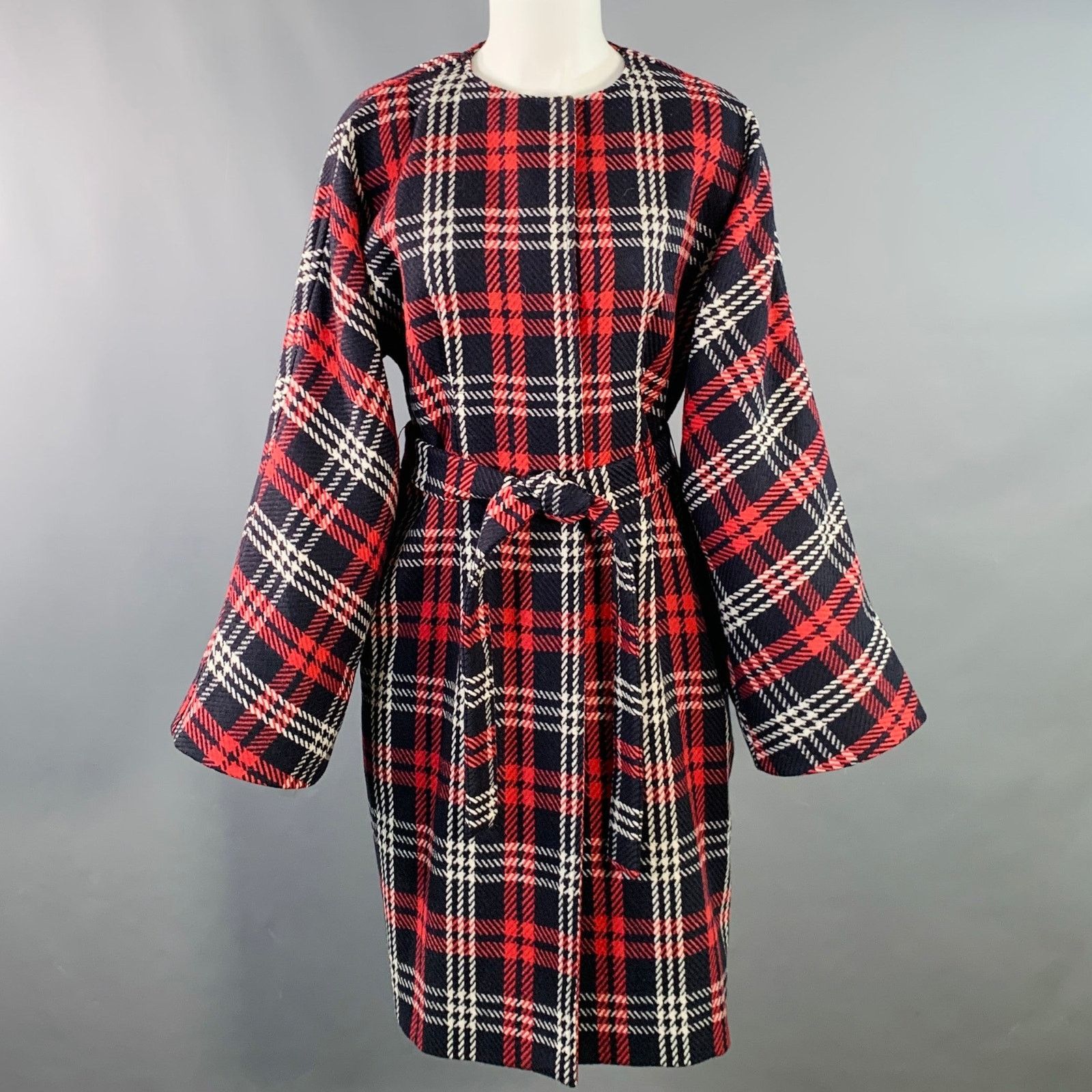 Les Copains Size S Black Red White Wool Plaid Collarless Belted Coat Size S / US 4 / IT 40 - 1 Thumbnail