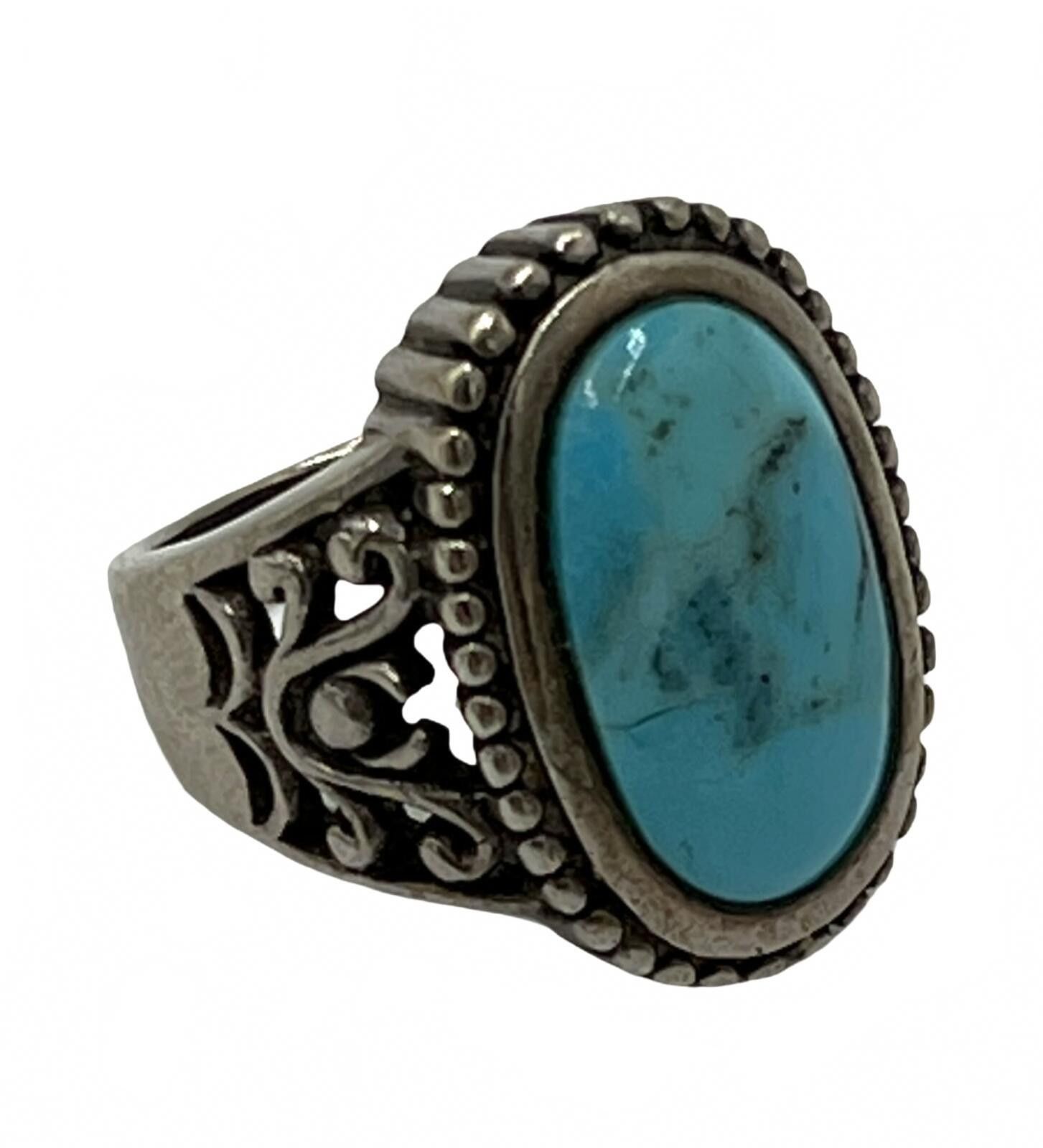Other 925 Sterling Silver Turquoise Cabuchon Ornate Filigree Ring Size ONE SIZE - 1 Thumbnail